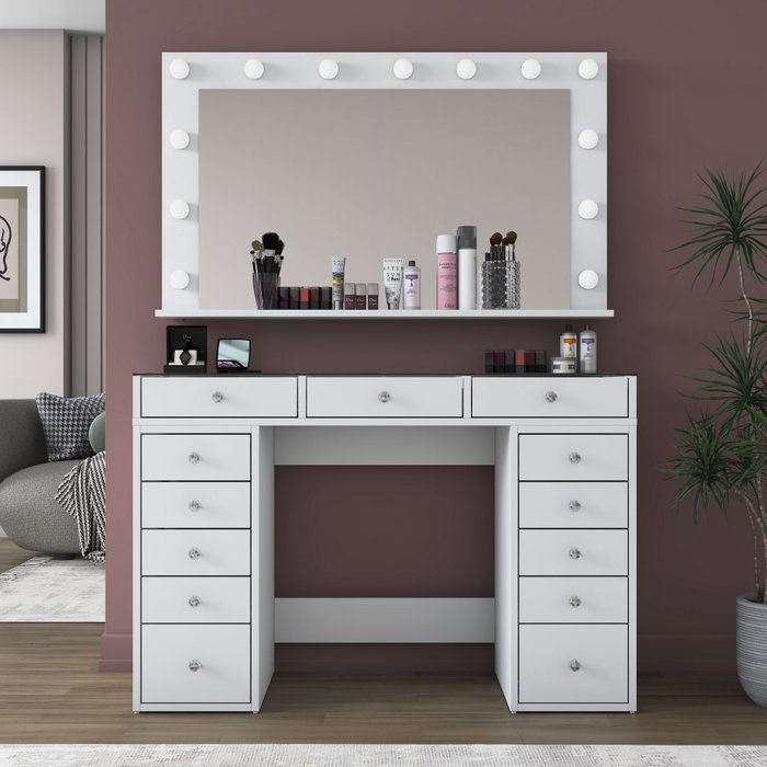 Hanah Home Mesa de Maquillaje Blanca con Espejo de 13 Focos